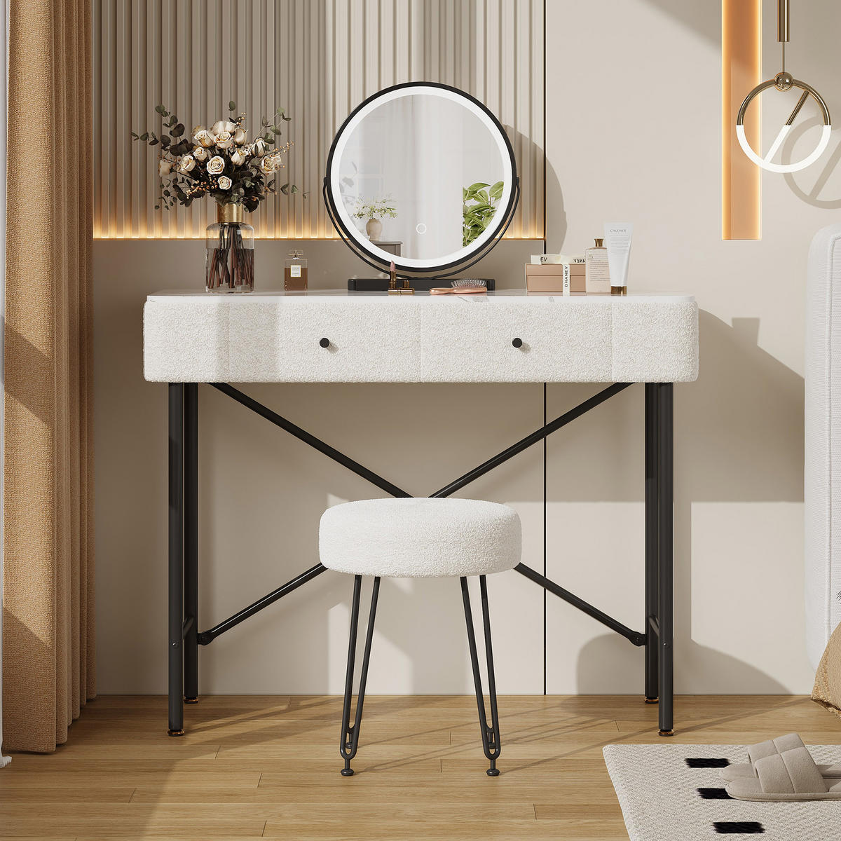 SCHMINKTISCH mit LED-Spiegel & Hocker, 2 Schubladen, Marmoroptik Tischplatte, moderner Frisiertisch,Weiß, 100x40x120 cm - Weiß, Holz (40/120/100cm) - Ej. Life