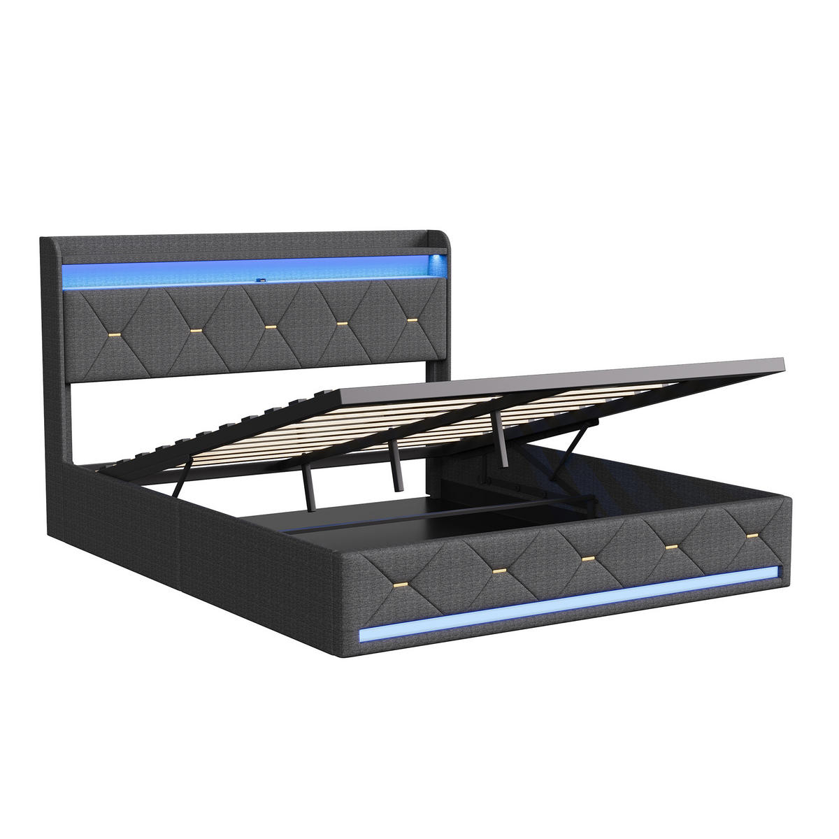 POLSTERBETT 140/200 cm Grau mit hydraulischem Stauraum, LED-Kopfteil mit Ladefunktion und Lattenrost - Grau, Metall (140/200cm) - EuroLiving