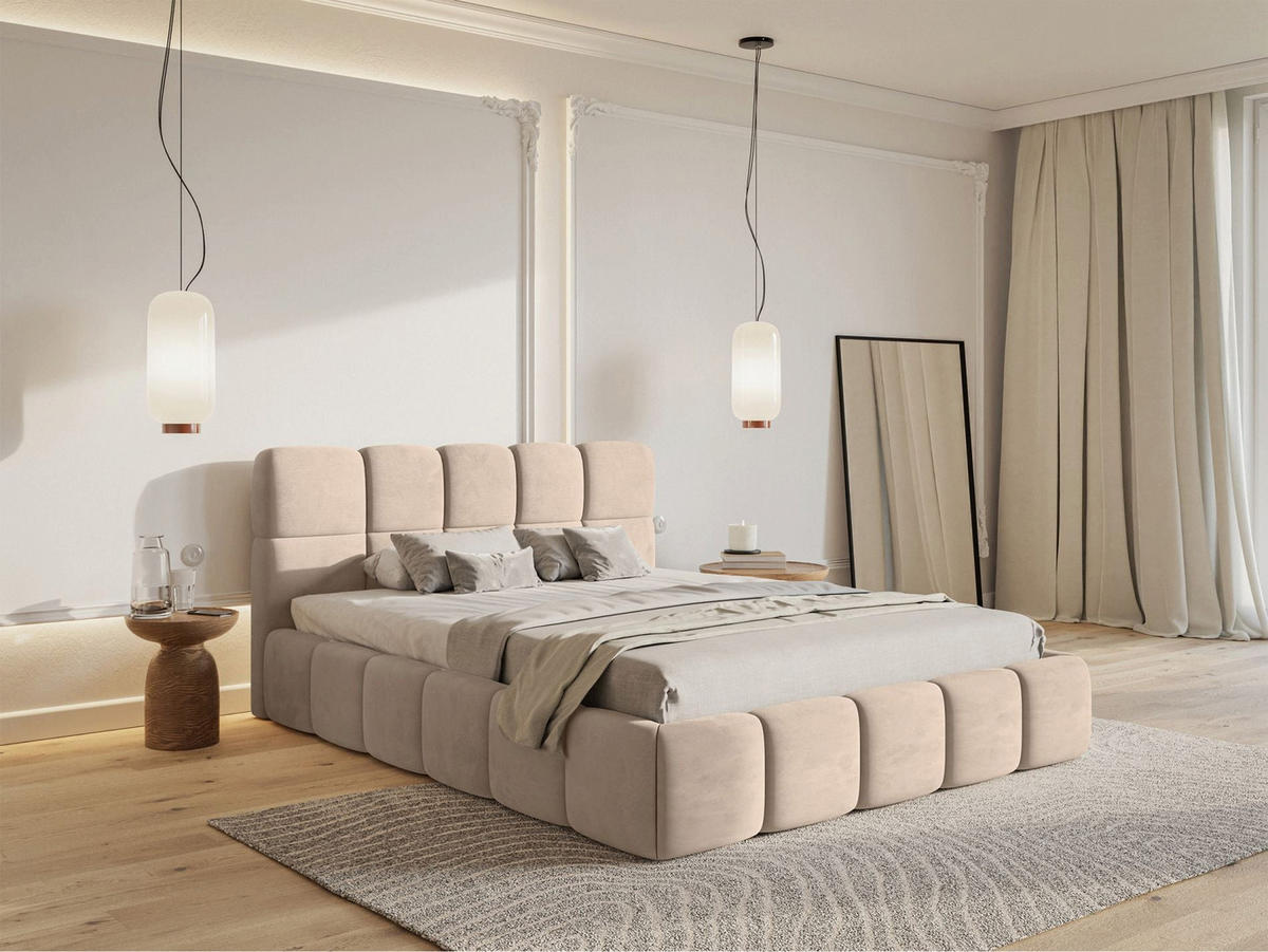 POLSTERBETT Cloudy Beige Samt, Bettkasten & Lattenrost, 120x200 cm - Beige/Schwarz, Kunststoff/Textil (120/200cm) - Selsey