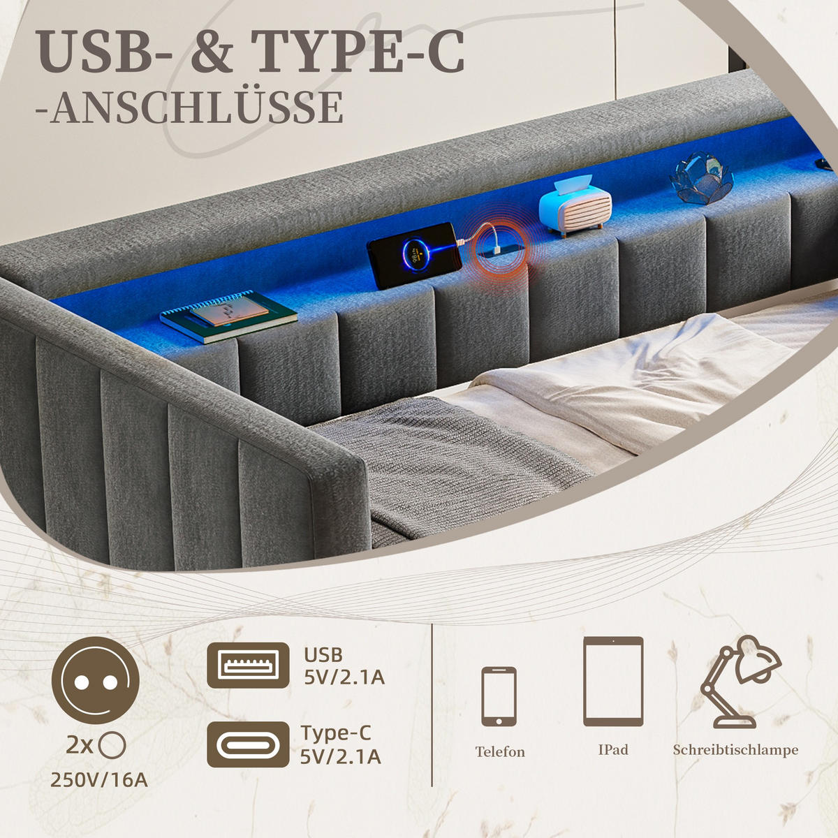 SCHLAFSOFA 90x190cm Ausziehsofa,USB-/Type-C-Anschluss,Samt,Grau - Grau, Textil (201/73/100cm) - LVHOM