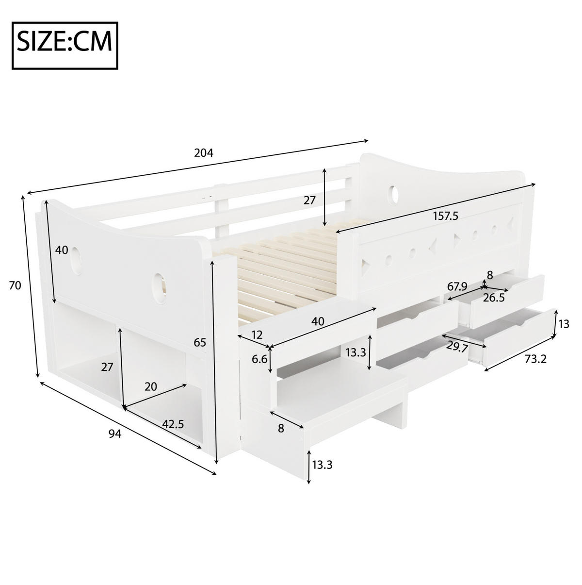 KINDERBETT Holz 90x200 cm Weiß mit Stauraum, Sicherheitsgittern, LED, USB- und Typ-C-Anschluss - Weiß, Holz (90/200cm) - Modfu