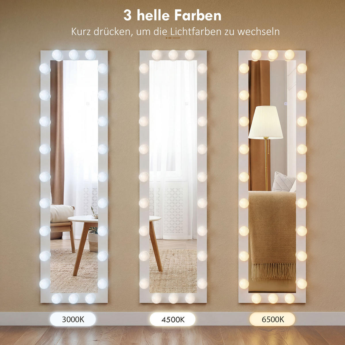 STANDSPIEGEL DE-09886 LED mit 24 Glühbirnen, 3 Lichtfarben Weiß - Weiß, Glas (40/150/4cm) - ComfortXL