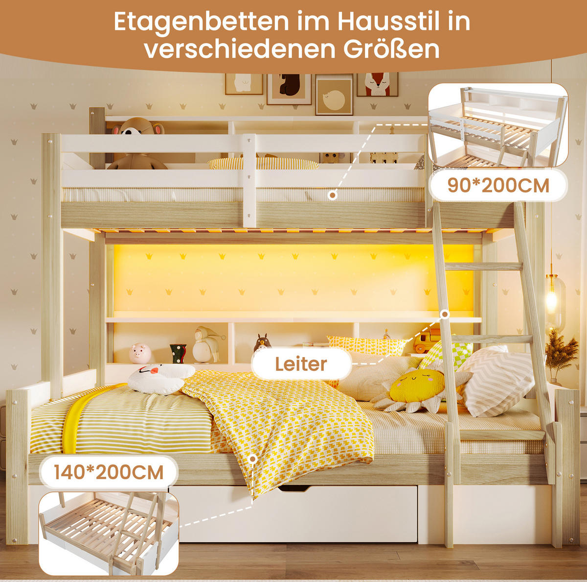 ETAGENBETT 90/200 + 140/200 cm mit LED-Beleuchtung und Stauraum in Weiß/Natur - Weiß, Holz - BEAOK