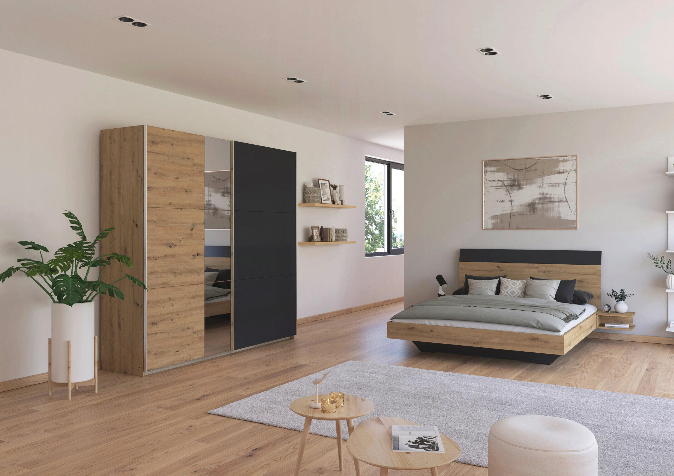 SCHLAFZIMMER Monza in Eiche Artisan und Grau Metallic mit Bettanlage 160x200cm, 2 Nachttischen und Schwebetürenkleiderschrank 4türig mit Spiegel - Braun, Holzwerkstoff (80/200/120cm)