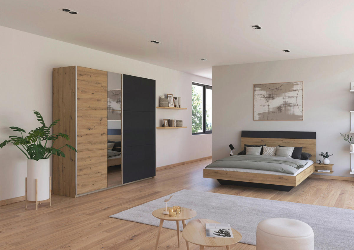 SCHLAFZIMMER Monza in Eiche Artisan und Grau Metallic mit Bettanlage 160x200cm, 2 Nachttischen und Schwebetürenkleiderschrank 4türig mit Spiegel - Braun, Holzwerkstoff (80/200/120cm)