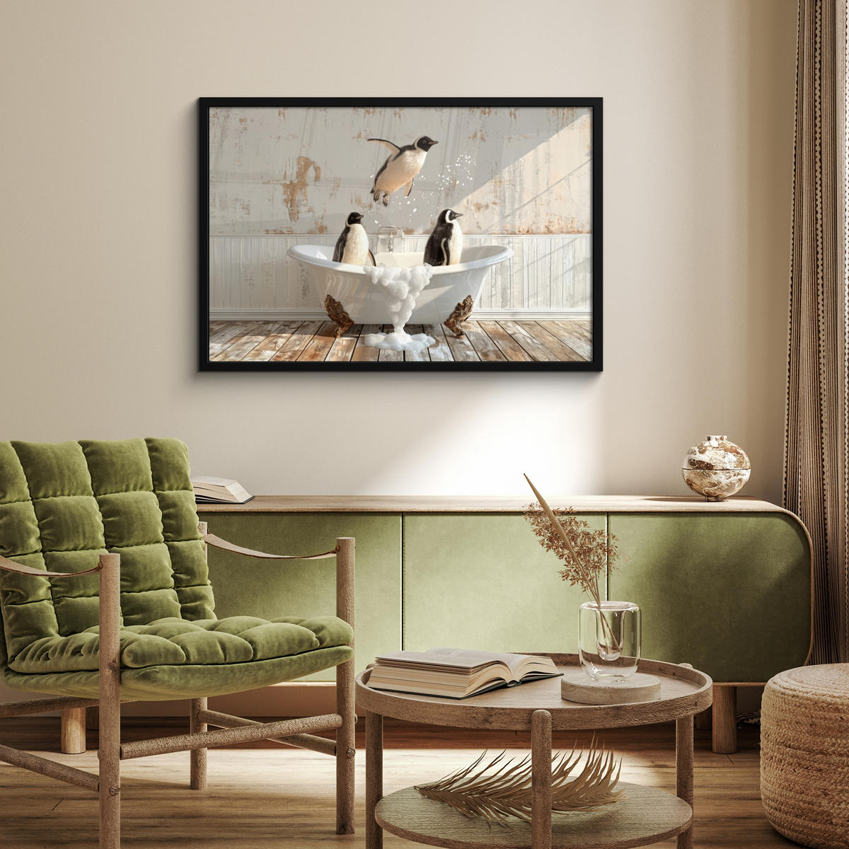 ZARÁMOVANÝ PLAGÁT Vintage - Tučniak - Vaňa - Pena 90x60 cm - čierna, papier (90/60cm) - MuchoWow