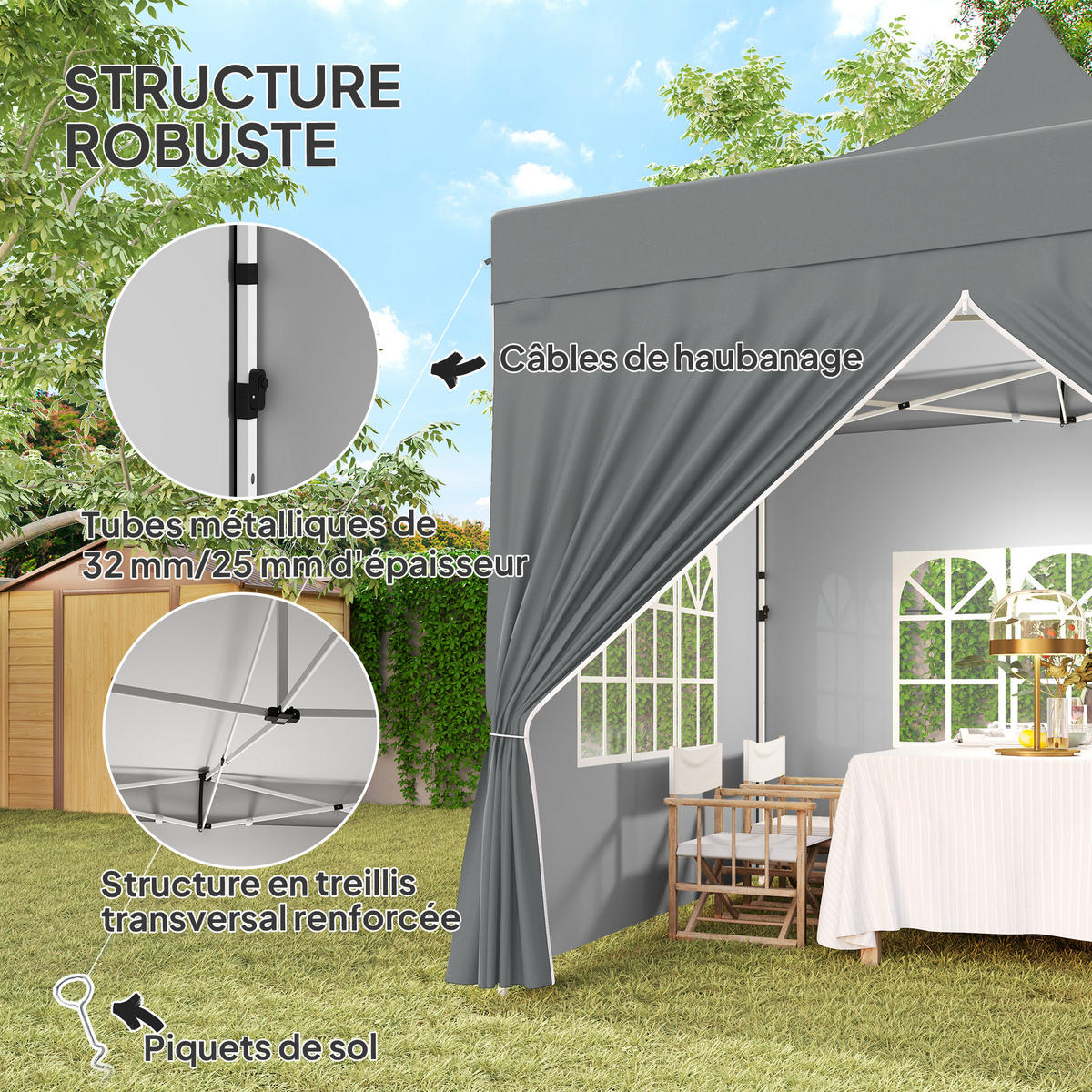 PAVILLON DE-14028 3/3 m, 4 abnehmbare Seitenwände, 3 Fenster, höhenverstellbar Grau - Grau, Textil (290/325/290cm) - ComfortXL