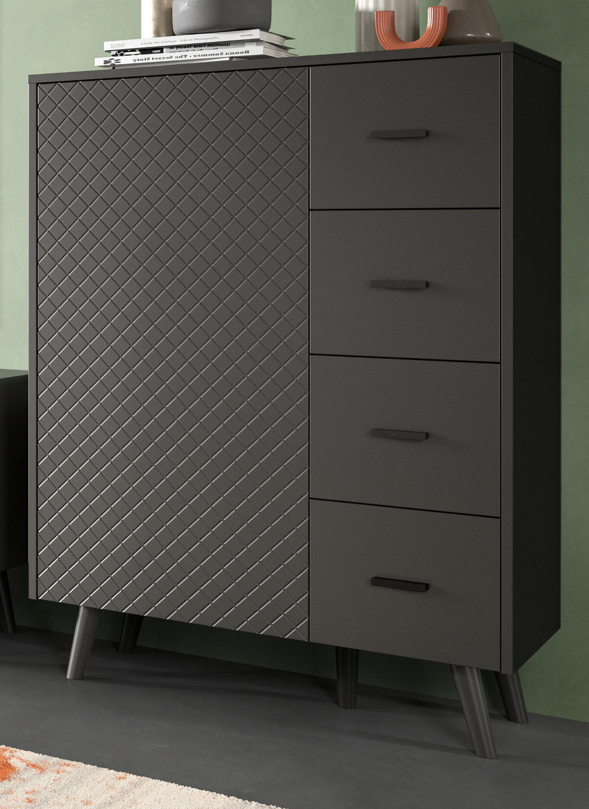 KOMMODE grau matt 84 x 114 cm, HIGHBOARD mit Struktur - Schwarz/Grau, Holzwerkstoff/Metall (84/114/37cm) - Inn.Furn