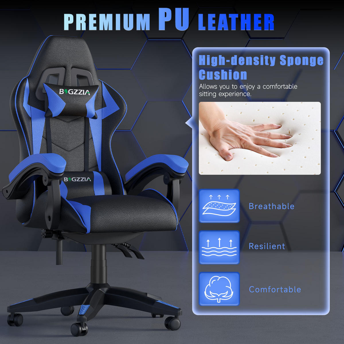 GAMING-STUHL ergonomisch, verstellbare Rückenlehne, Kissen – Blau - Blau, Leder (59/120/56cm) - Rattantree