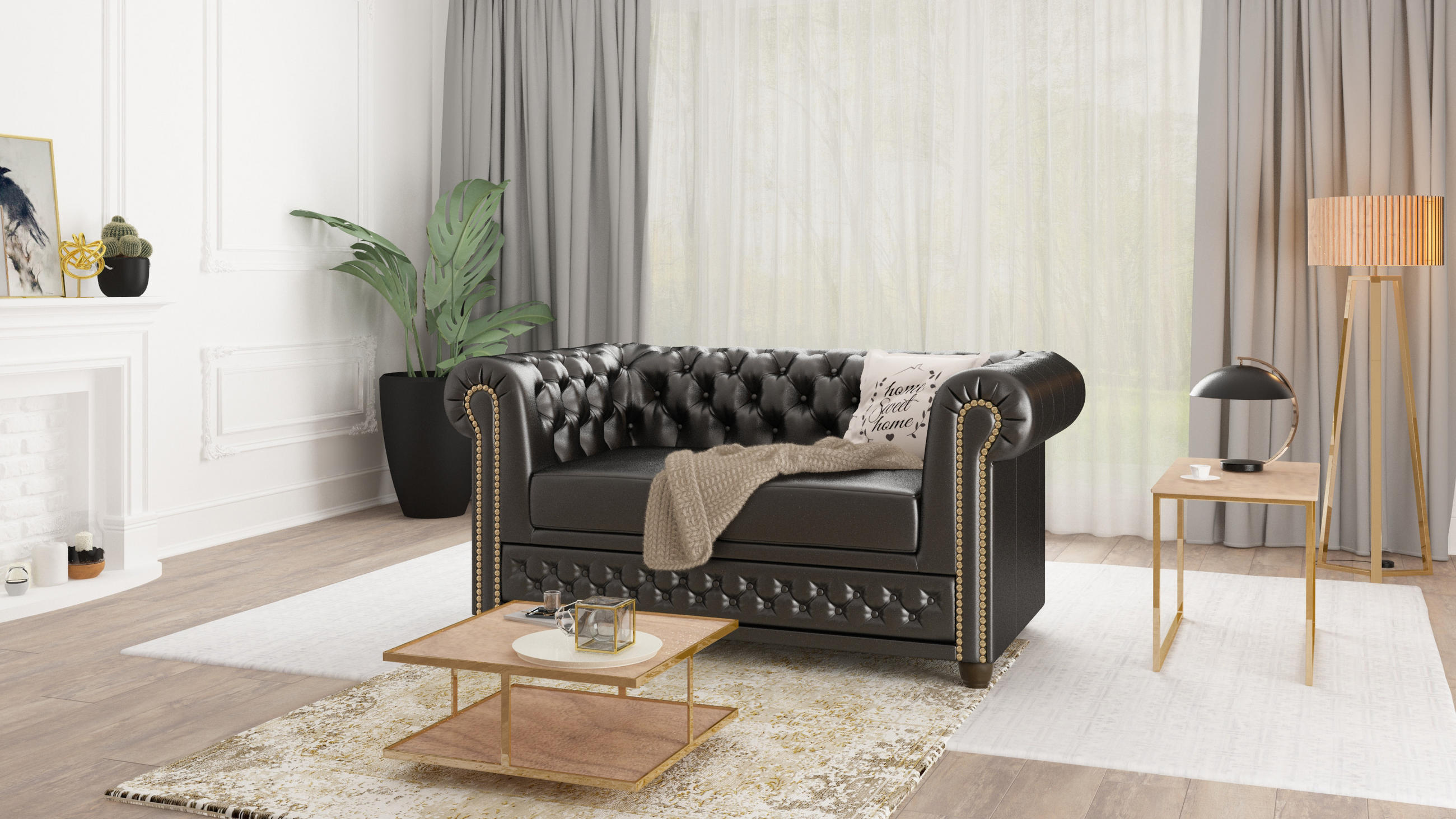 CHESTERFIELD-SOFA 2-sitzer Morin Schwarz vegan Leder - Schwarz/Braun, Holz/Textil (148/72/86cm) - S-Style Möbel