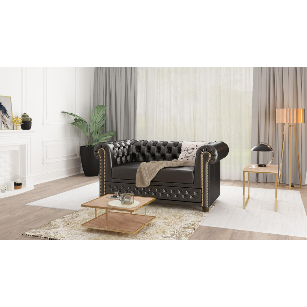 Thumbnail - S-Style Möbel Chesterfield-Sofa, Schwarz, Textil, Echtholz,Birke, 2-Sitzer, Füllung: Silikon,Komfortschaum, 148x72x86 cm...