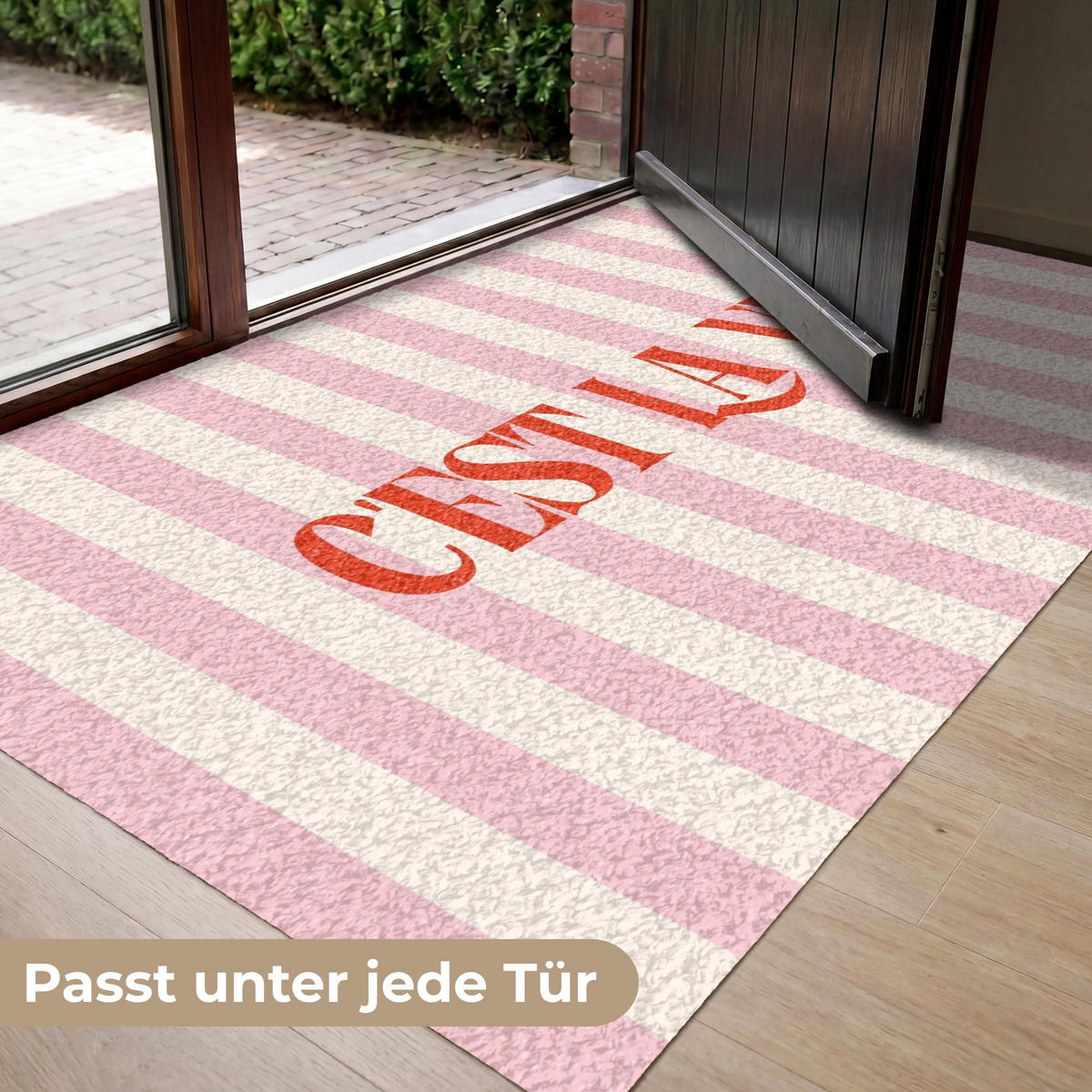 FUSSMATTE Zartrosa – Rot – Streifen – C'est La Vie 150x90 cm - Rosa, Kunststoff (150/0.4cm) - MuchoWow