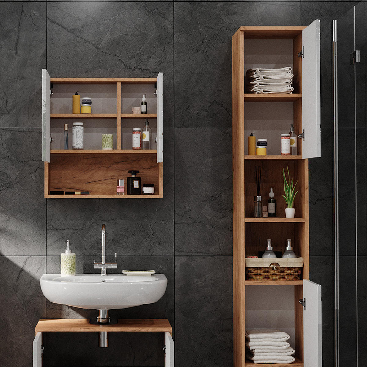 BADSCHRANK Irma Eiche 30 x 192 cm mit Türen, und offenen Fächern - Weiß Hochglanz, Holzwerkstoff (30/192/30cm) - Vicco