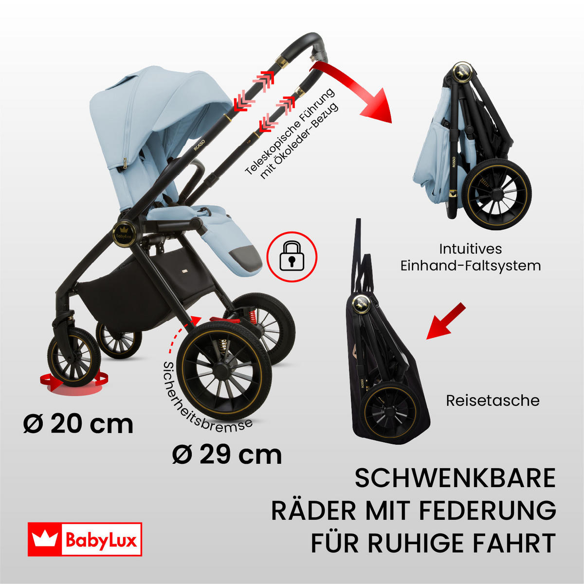 KINDERWAGEN Rosso 2in1 Blau Babywanne, Buggy Sportsitz, Faltbar, Wickeltasche - Blau/Schwarz, Textil/Metall (58/100cm) - BabyLux