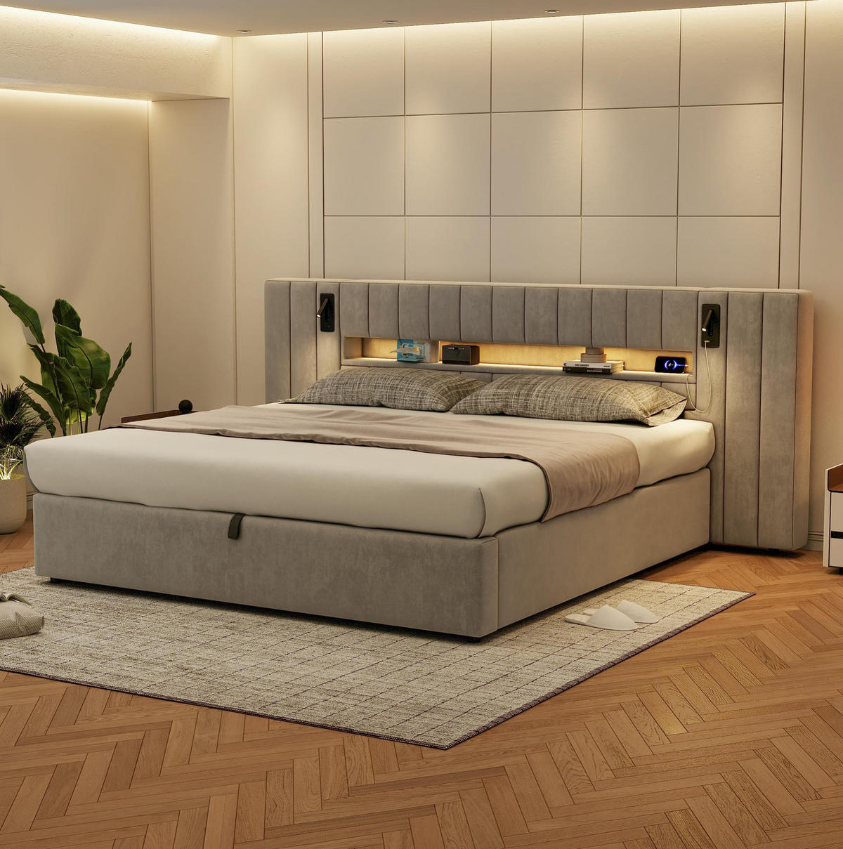 POLSTERBETT 180/200 cm Grau mit Stauraum mit LED-Beleuchtung und USB- und Type-C-Anschlüssen aus Samt - Grau, Textil (180/200cm) - OKWISH