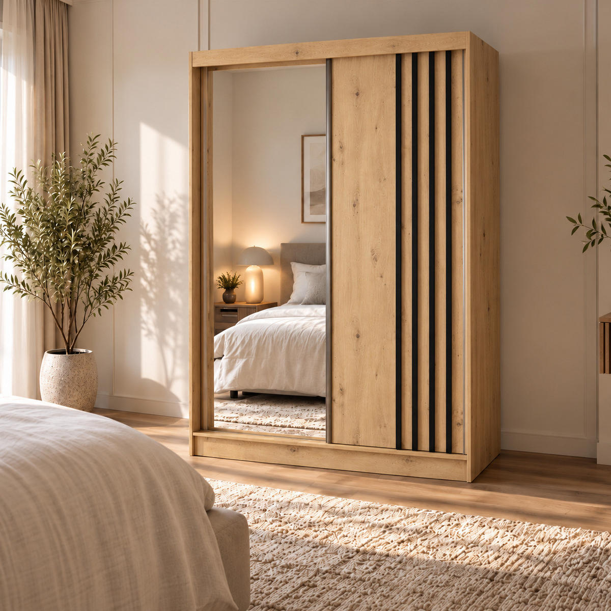 KLEIDERSCHRANK Nila 120 cm Artisan Spiegel 2 Schubladen Griffe silber - Eiche Artisan, Holzwerkstoff (120/216/61cm) - KS Home Concept