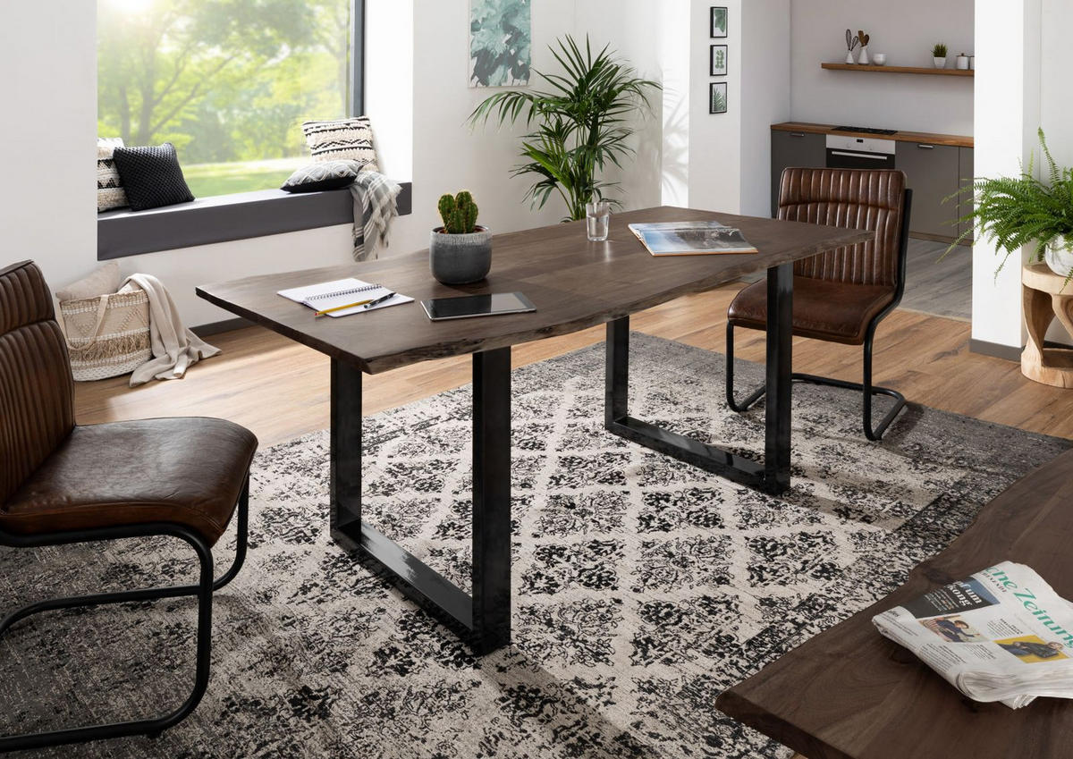 BAUMTISCH Akazie 220x100x76 grau Beine anthrazit glänzend FREEFORM 3 - Grau, Holz (100/220/76cm) - Massivmoebel24
