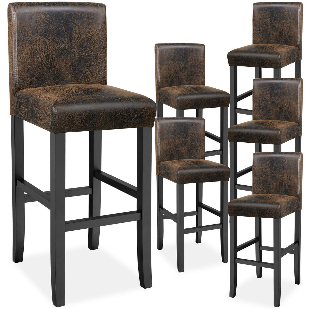 BARHOCKER 6er Set Kunstleder, Sitzhöhe 76 cm, antikbraun - Anthrazit/Braun, Leder/Holz (40/107/41cm) - tectake