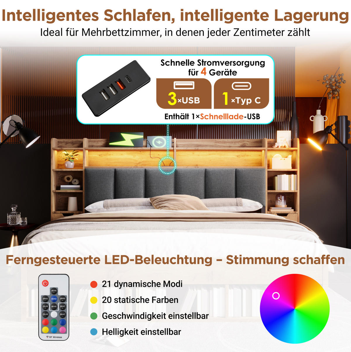 POLSTERBETT 160/200 cm Eichefarben mit LED-Beleuchtung, USB-Anschlüssen, Stauraum und Rollschubladen - Naturfarben, Holz (160/200cm) - OKMYHOME