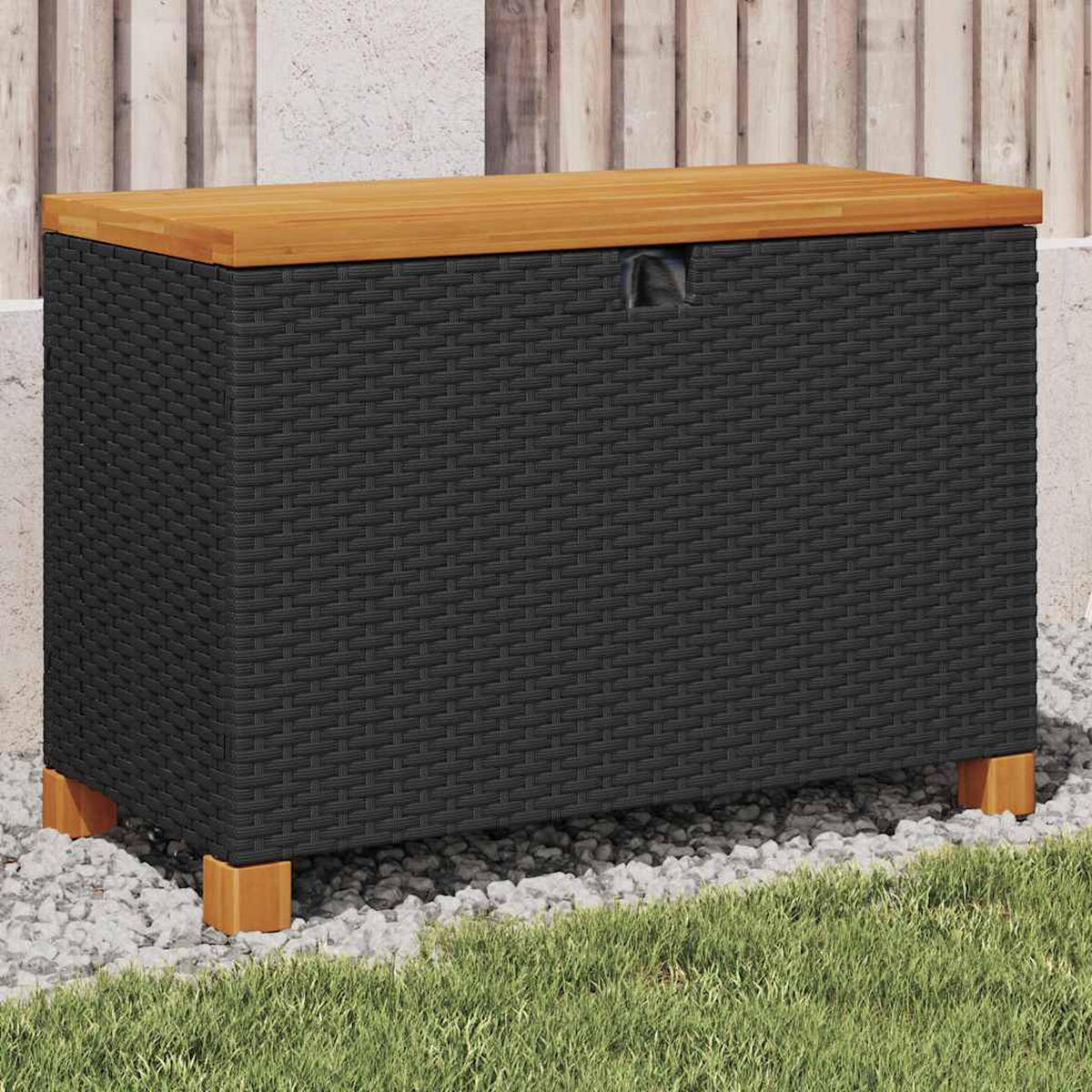 GARTEN-AUFLAGENBOX Schwarz 80x40x48 cm Poly Rattan Akazienholz - Schwarz, Holz (80/48/40cm) - furnicato