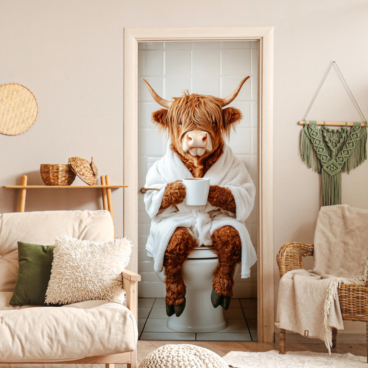 TÜRAUFKLEBER Selbstklebend - Schottisches Hochlandrind - WC - Bademantel - Modern - Tiere 95x215 cm - Türtapete - Kastanienfarben, Kunststoff (95/0.1cm) - MuchoWow