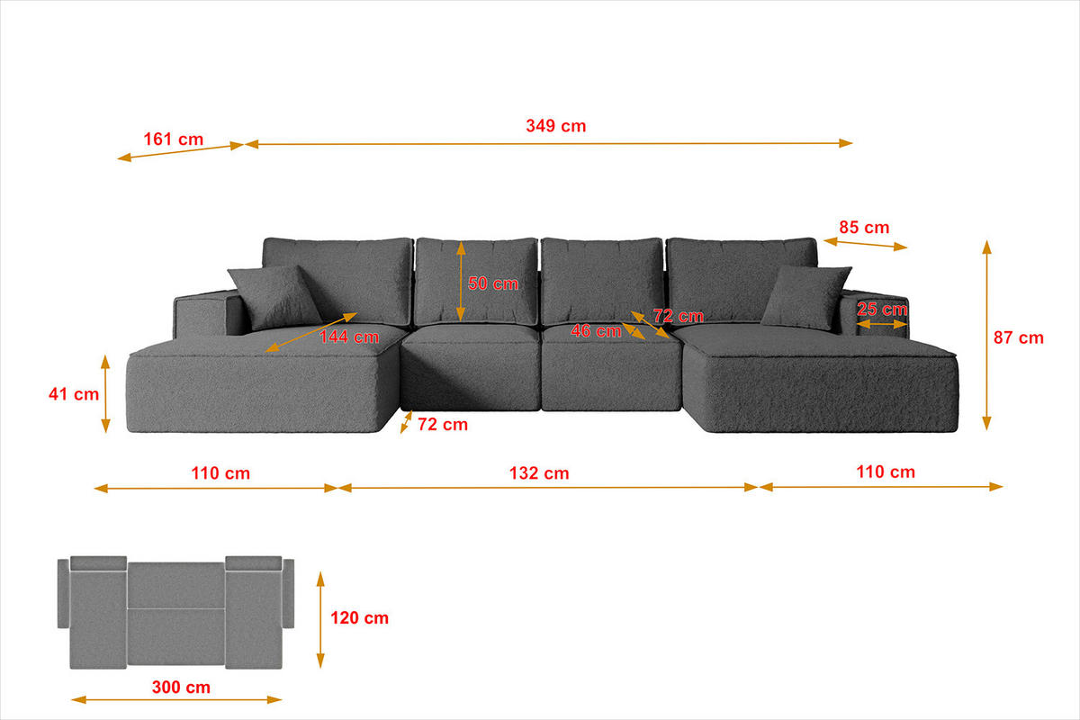 WOHNLANDSCHAFT mit Schlaffunktion und Bettkasten SIERRA-U-S - 349x161x87 cm Grau Bouclé - Schwarz/Grau, Holzwerkstoff/Kunststoff (349/87/161cm) - ALTDECOR