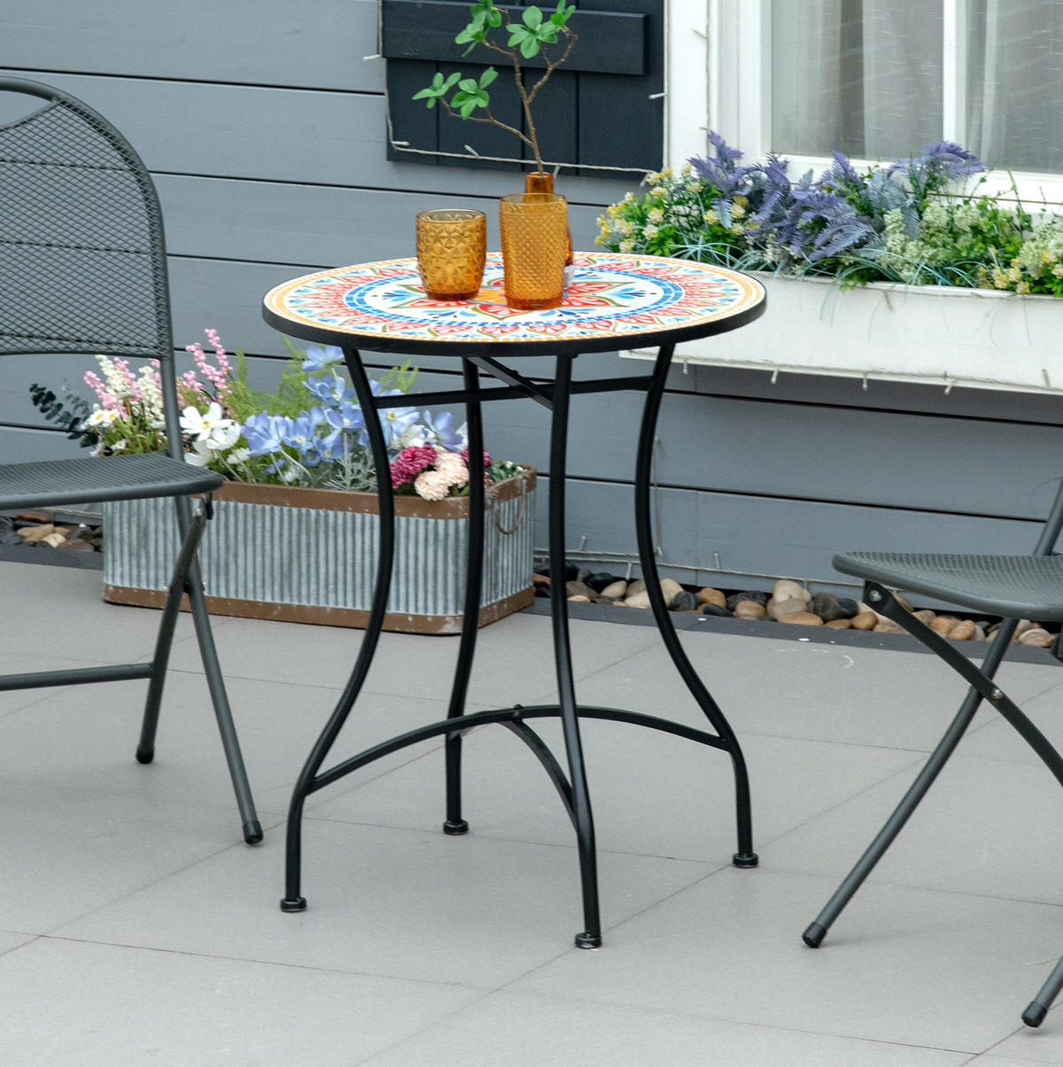 GARTENTISCH aus Metall Ø60x71 cm Rot mit Keramik-Mosaikplatte - Naturfarben, Metall (60/60/71cm) - Modfu
