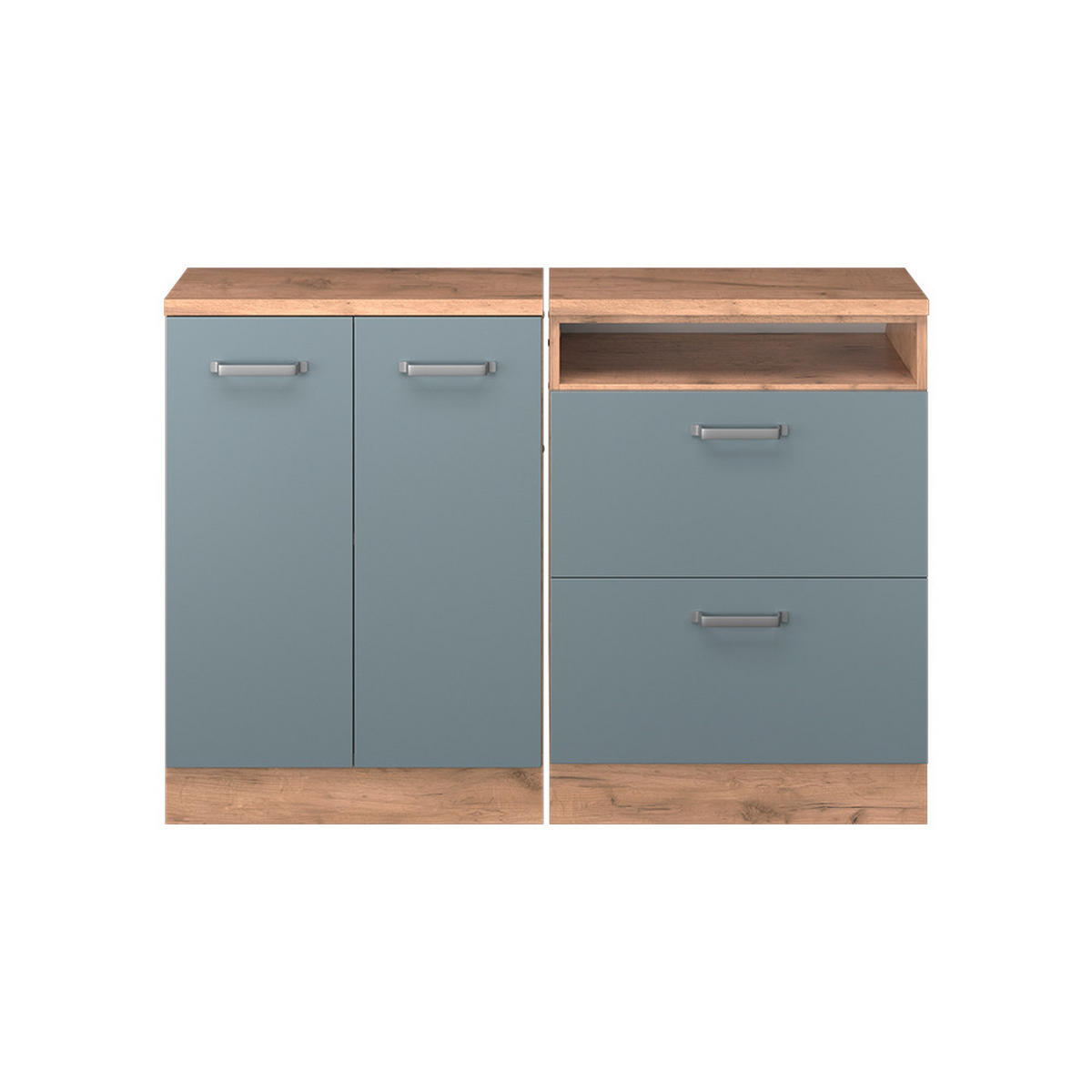 KUHINJSKI ORMAR ZA KOSINE KROVA R-Line Plavo-Siva 120 cm Set od 2 korpusa ormara, dubina 60 cm - hrast medunac/plavo-siva, drvni materijal (120/83.8/60cm) - Vicco
