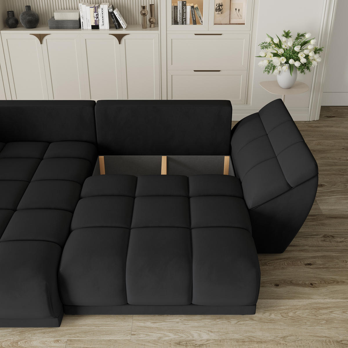 ECKSOFA ORENTI L-S Schwarz Velours-Stoff mit Schlaffunktion - Schwarz, Holz (287/182cm) - MASSENO