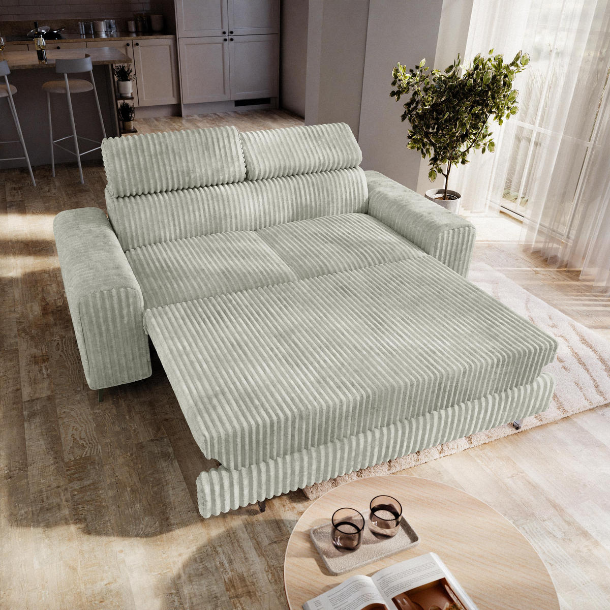 BETTSOFA BENETE Hellgrau Cordstoff mit Schlaffunktion - Hellgrau, Holz/Textil (191/89/92cm) - MASSENO