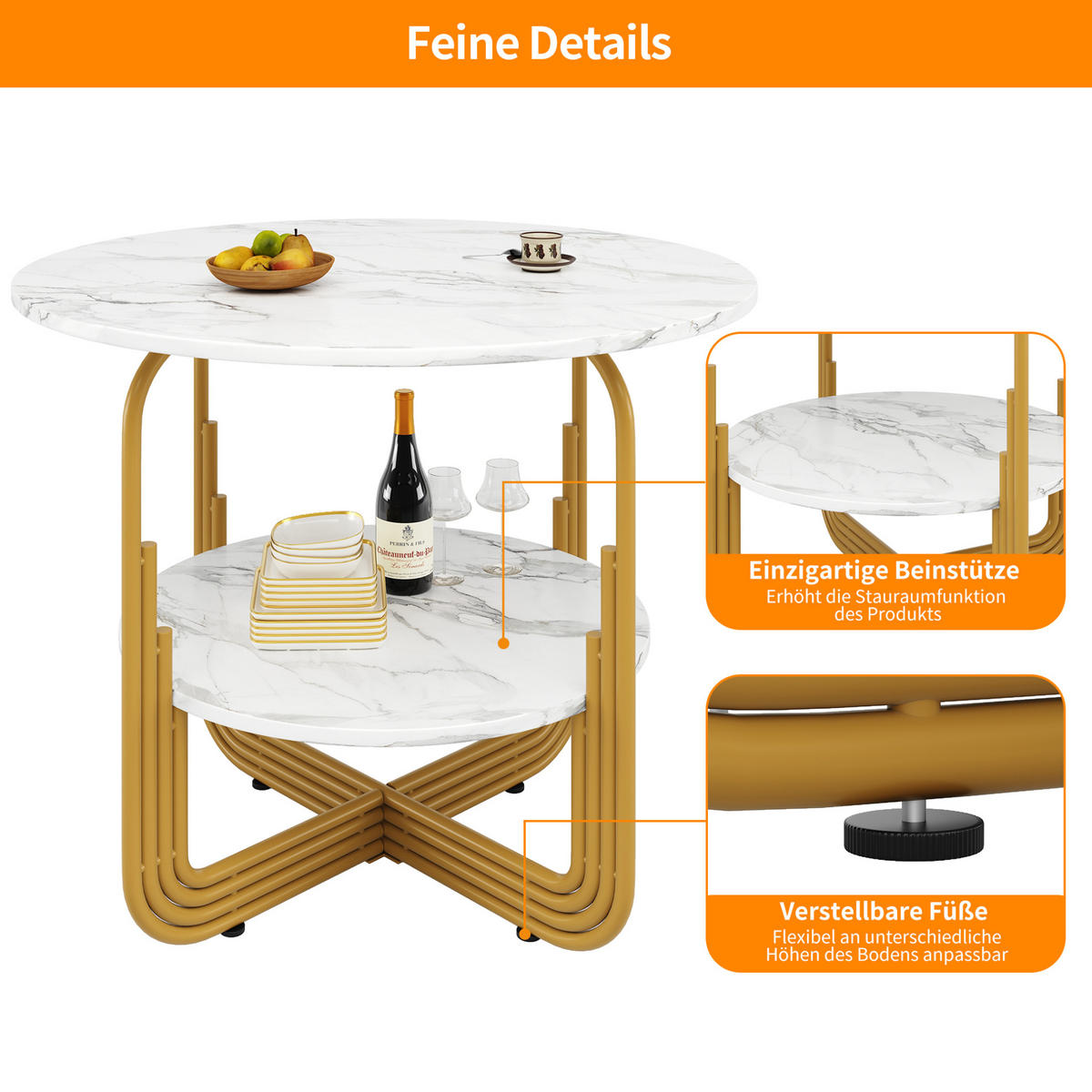 ESSTISCH 80/80/76 cm in Gold mit MDF-Marmoroptik und Ablage - Goldfarben, Holzwerkstoff (80/80/76cm) - Flora Grace