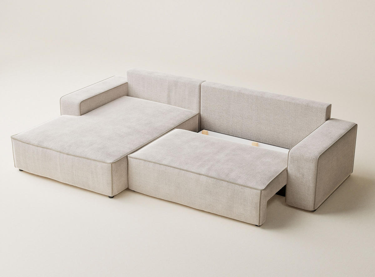 ECKSOFA MIT SCHLAFFUNKTION Modo Hellbraun Chenille-Stoff - Links Seite - Beige/Creme, Holz/Holzwerkstoff (185/294cm) - Maison de Reve
