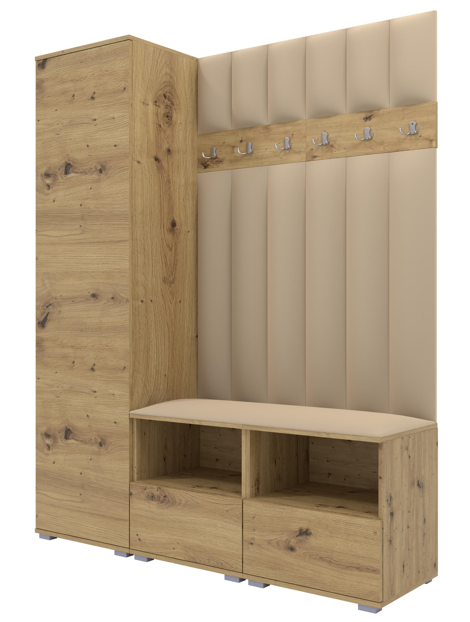 GEPOLSTERT Garderoben-Set Nela II LUX (Farbe Eiche Artisan + Stoff Trinity 04) - Beige/Silberfarben, Holz/Holzwerkstoff (150/187/40cm) - Ravio