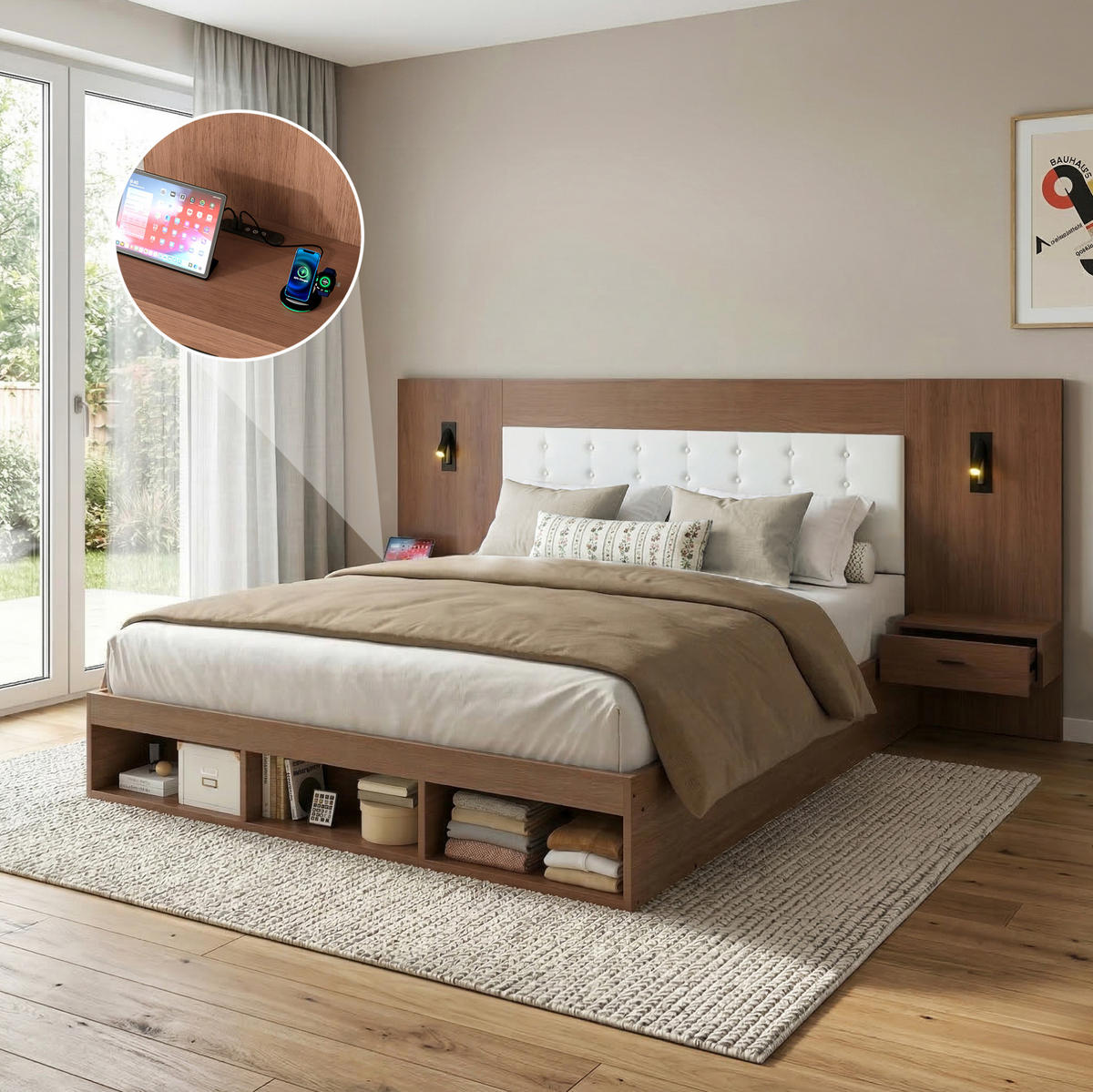 DVOJLÔŽKOVÁ posteľ z MDF 180x200 cm orechová s USB a Type-C nabíjaním, lampičkou a úložným priestorom - farba orecha, kompozitné drevo (180/200cm) - Modfu