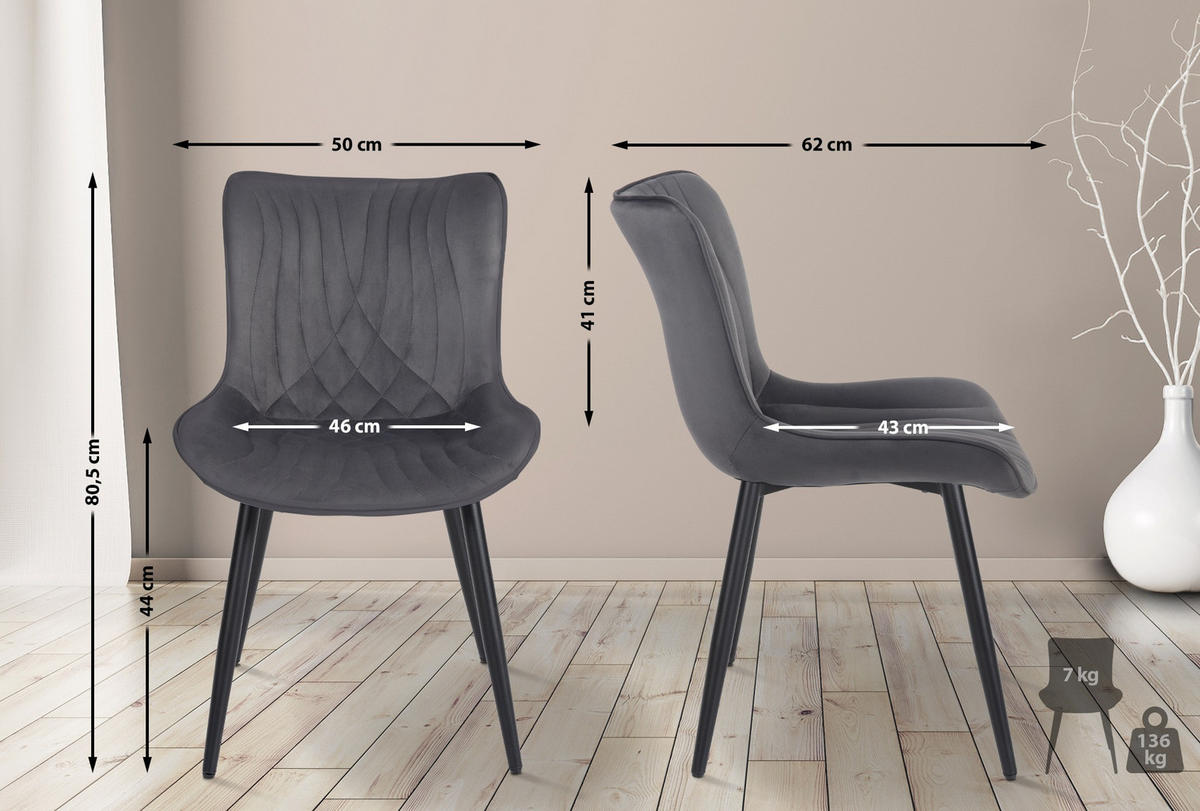 STUHL 2er Set Samt dunkelgrau - Dunkelgrau/Schwarz, Textil/Metall (50/80.5/62cm) - CLP