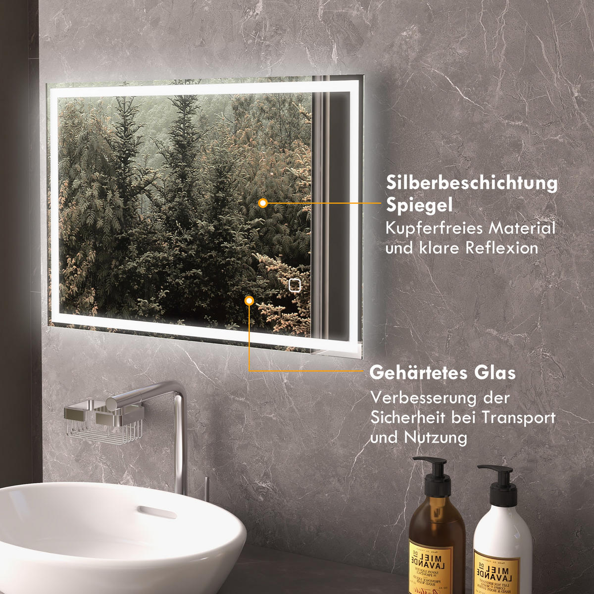 BADSPIEGEL, mit LED-Leuchte, 70 x 50 cm, beschlagfrei, mit Touchschalter, IP44 - Silberfarben, Glas (70/4/50cm) - HOMCOM