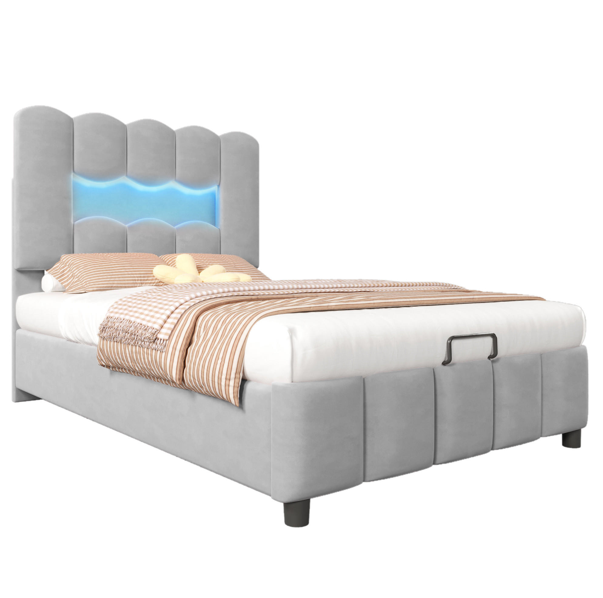 ČALOUNĚNÁ postel 90/200 cm šedá ze sametu s LED osvětlením a úložným prostorem - šedá, textil (90/200cm) - OKWISH