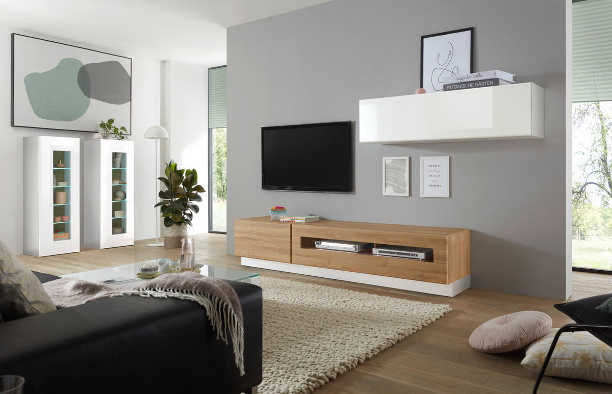 VITRINE weiß Hochglanz, Grandson Eiche, Vitrinenschrank hängend, stehend 45 x 131 cm - Weiß Hochglanz/Eichefarben, Holzwerkstoff (45/131/38cm) - Furn.Design