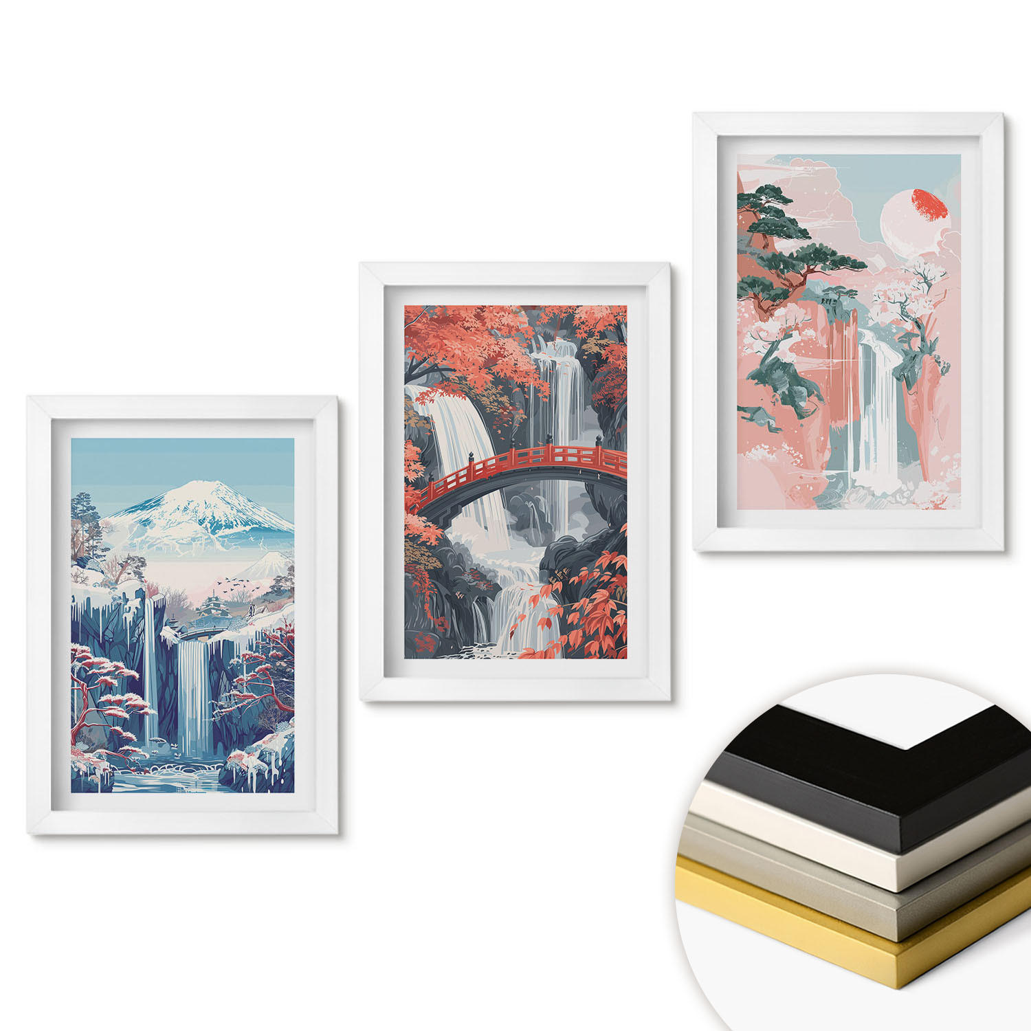 WANDBILDER 3er-Set - 20x30 cm Weißer Rahmen - Wasserfälle, Berge, Brücken, Bäume - Weiß, Kunststoff (20/30cm) - ArtPrintCave