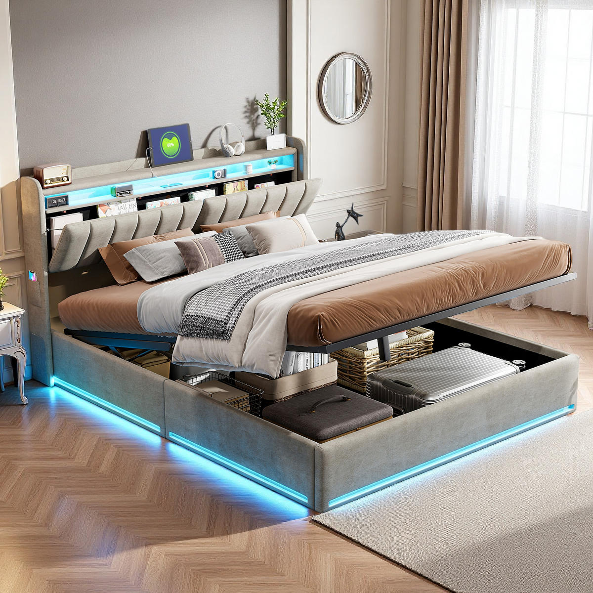 POLSTERBETT 140x200 cm LED USB Stauraum Lattenrost Samt grau - Grau, Holz (140/200cm) - Fortuna Lai