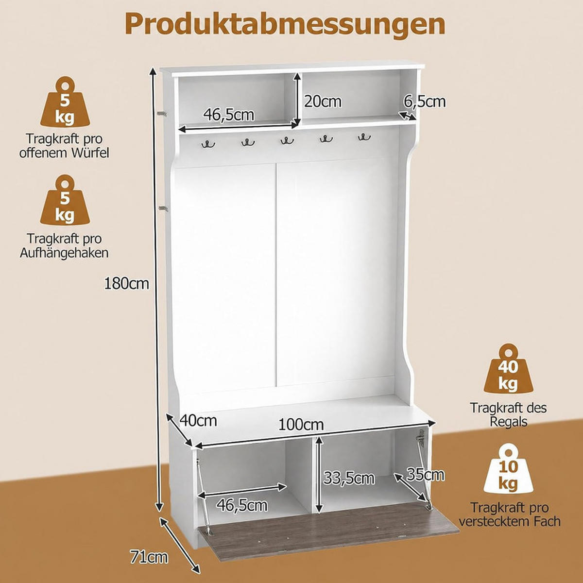 GARDEROBENSTÄNDER mit Schuhschrank weiß - Weiß, Holzwerkstoff (100/180/71cm) - COSTWAY