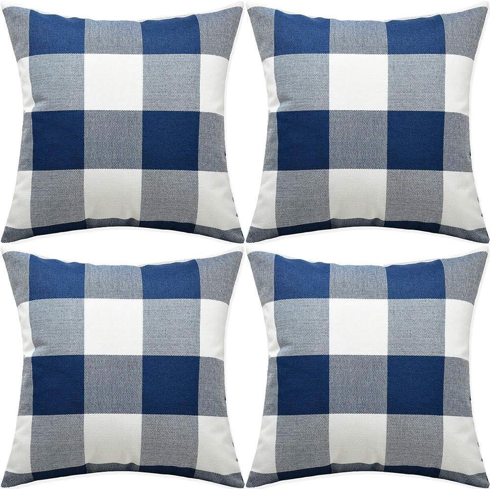 KISSENBEZÜGE mit Karomuster – 45 x 45 cm – Blau (4er-Set) - Blau, Textil (45/45cm)
