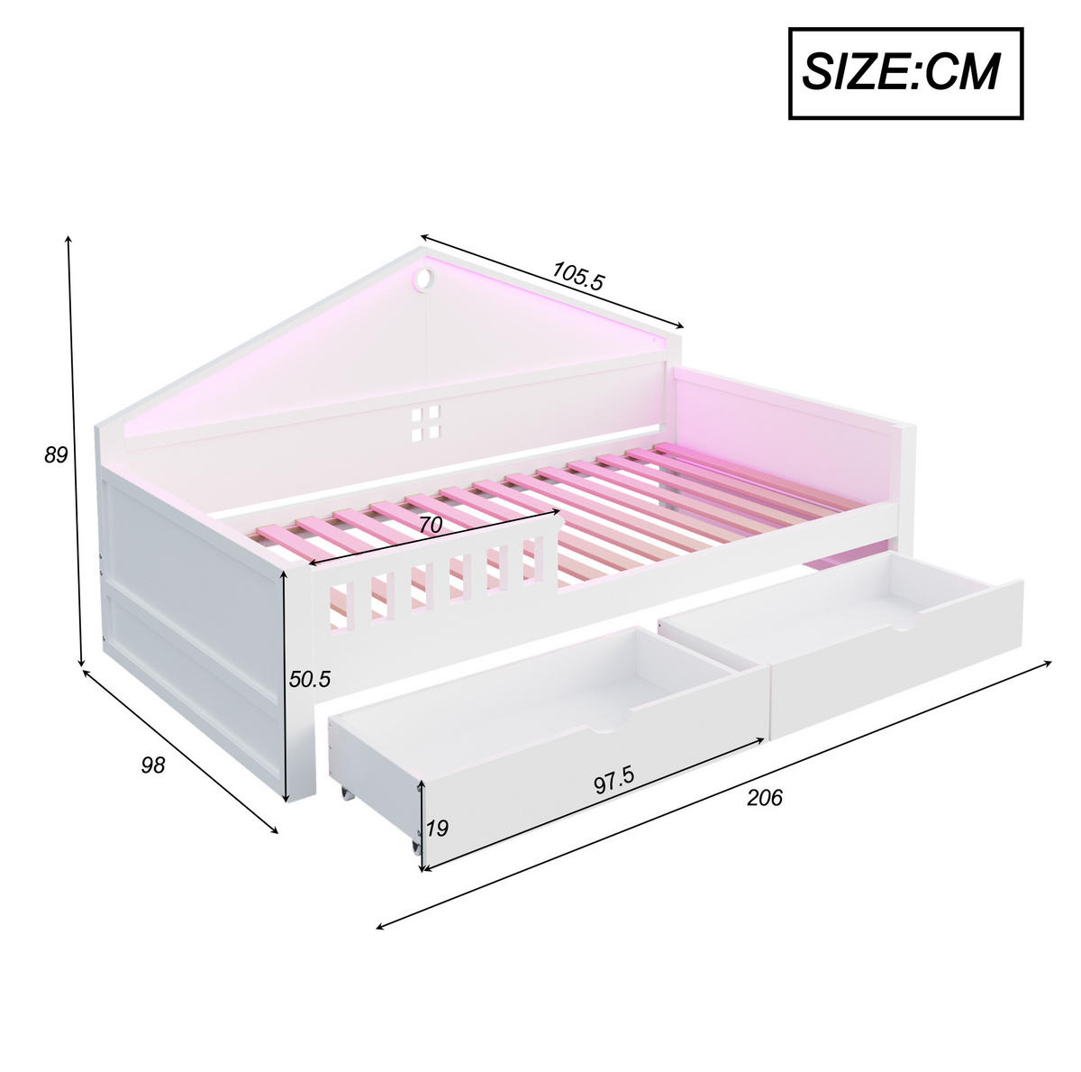 KINDERBETT 90/200 cm weiß aus Massivholz und MDF mit LED-Lichtleiste und 2 Schubladen - Weiß, Holz (90/200cm) - OKWISH