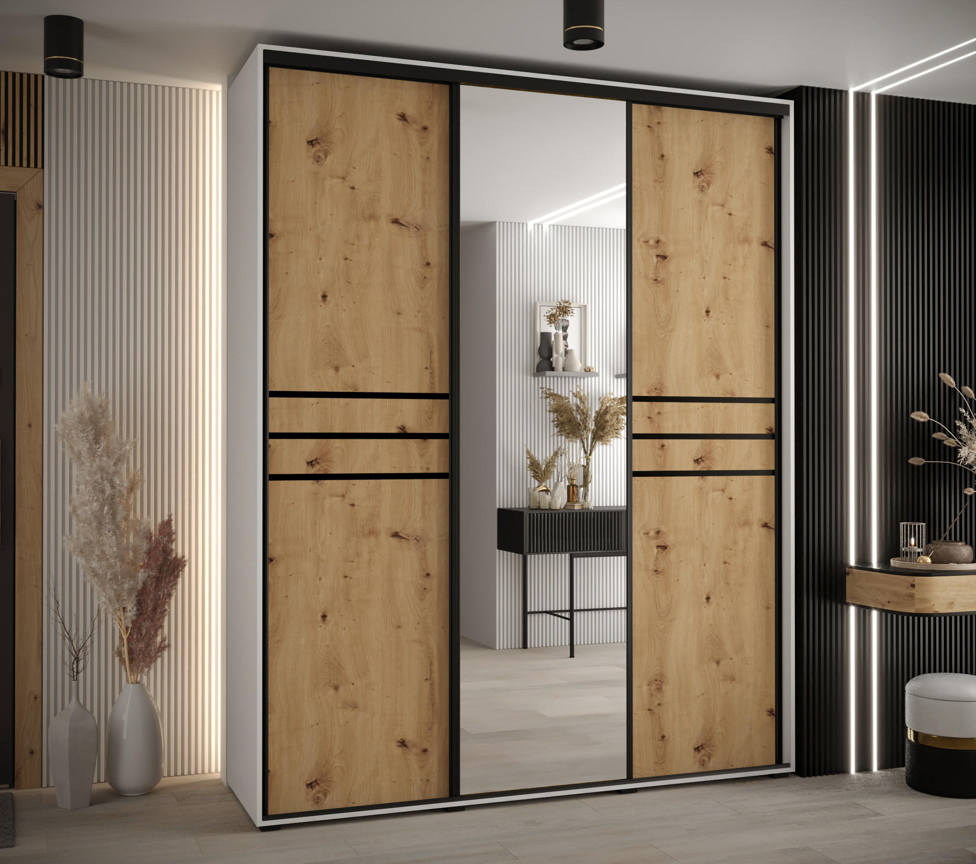 SCHWEBETÜRENSCHRANK 235,2/200/60 3-türig - Schwarz/Eiche Artisan, Holz/Metall (200/235/60cm) - Abiks Möbel