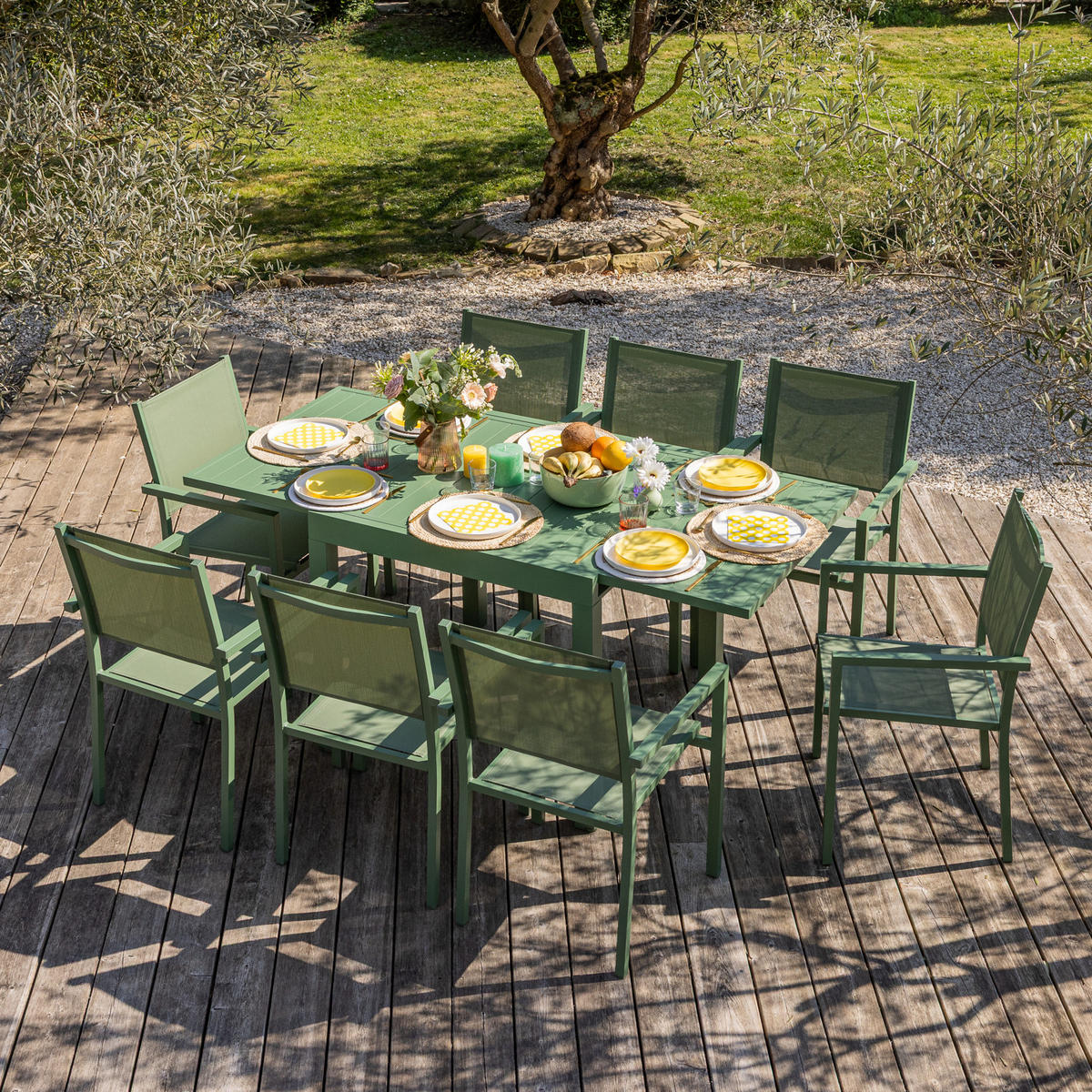 GARTENMÖBEL Venezia Salbeigrün und Aluminium salbeigrün 90/180 cm 8 Plätze - Grün, Metall - Happy Garden