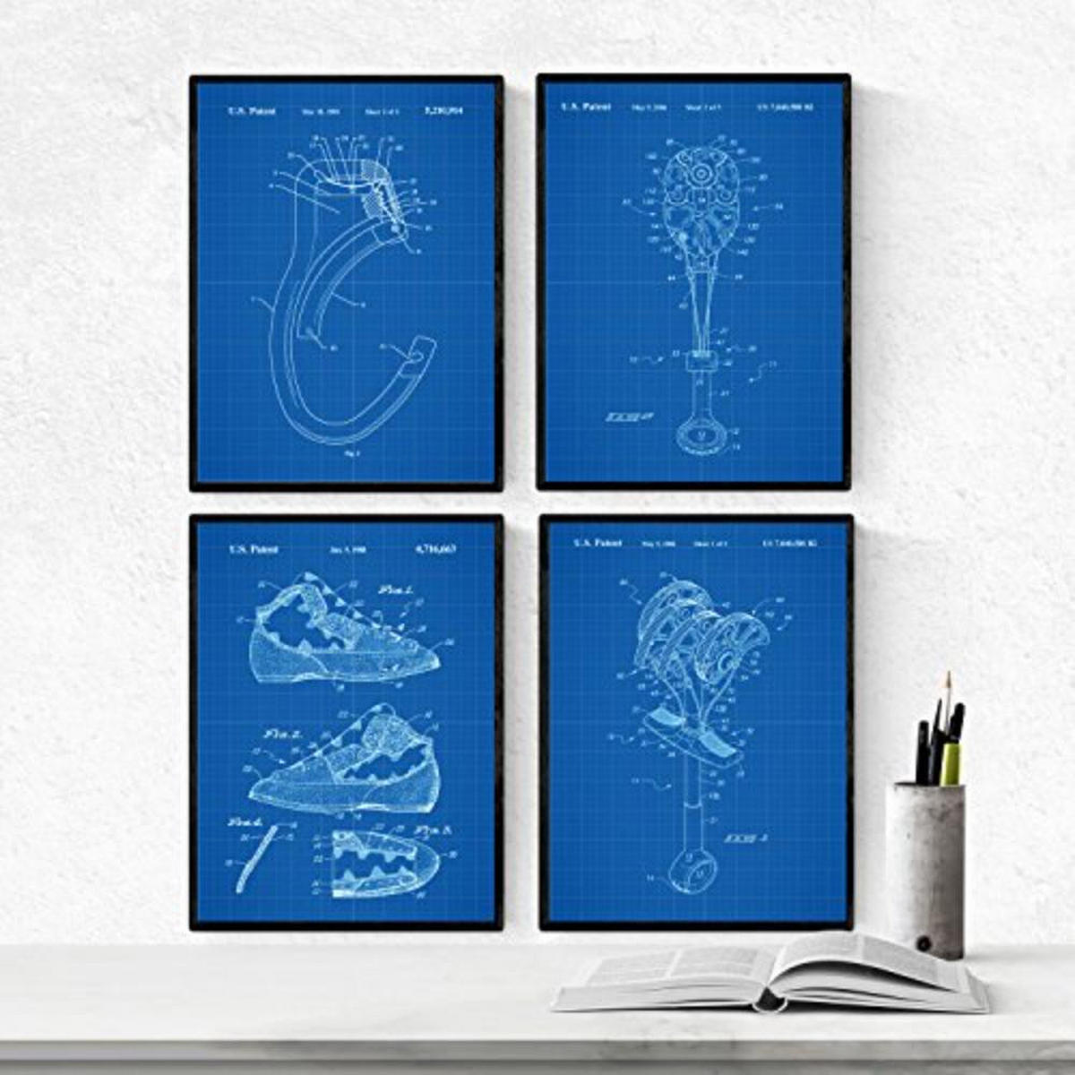 POSTER Set mit 4 Blau KLETTERN Patenten A4 Rahmenlos - Klar, Papier (29.7/3cm) - Nacnic