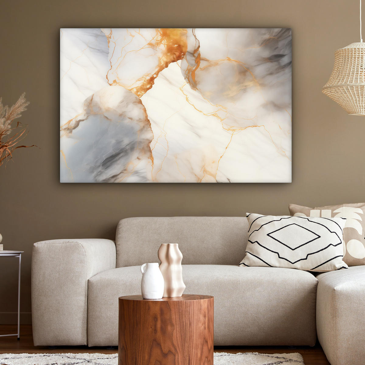 LEINWANDBILD Marmor - Grau - Gold Groß 140x90 cm - Weiß, Textil (140/90cm) - MuchoWow