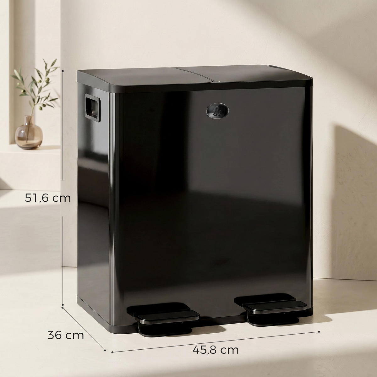 MÜLLTRENNSYSTEM 2x20L 45,8/36/51,6 cm Edelstahl Schwarz Tretmülleimer Küche - Schwarz, Metall (36/51.6/45.8cm) - Rolipo