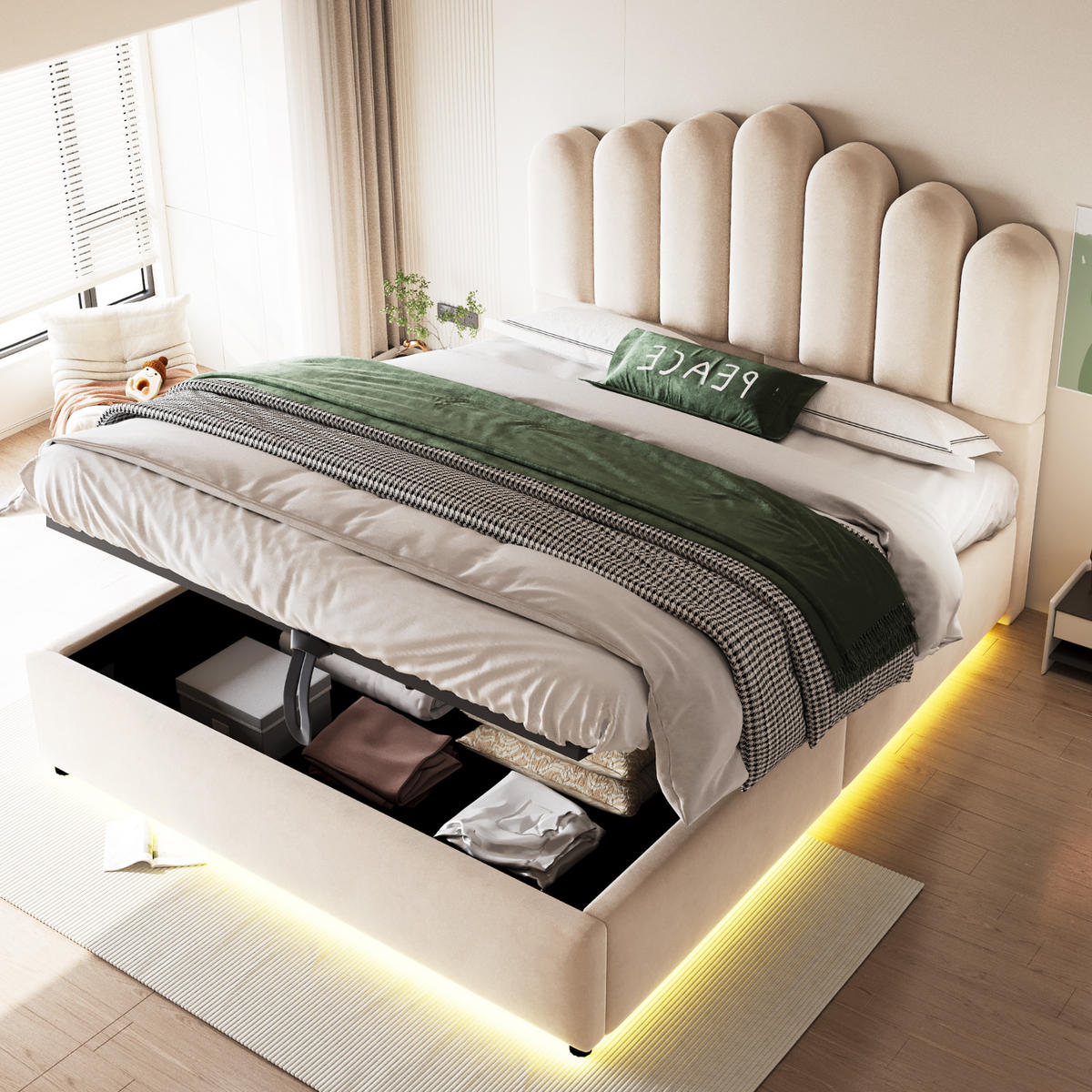 POLSTERBETT 140/200 cm in Beige mit Bettkasten, LED und gepolstertem Kopfteil aus Samt - Beige, Holzwerkstoff/Textil (140/200cm) - STILVORA