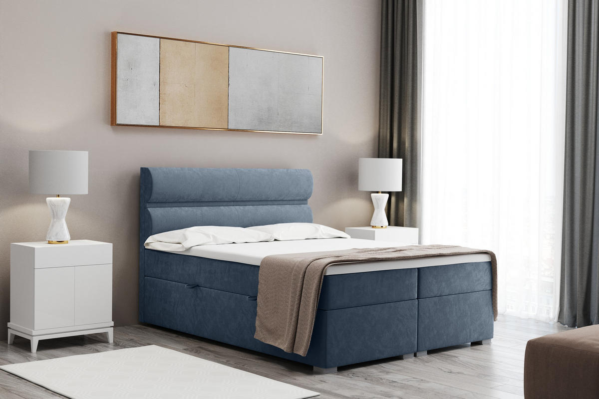 BOXBETT Mit Bettkasten, Matratze Und Topper VERA Stoff Riviera 140x200 cm Hellblau H2-Pocket - Hellblau, Holz/Holzwerkstoff (140/200cm) - Kaiser Möbel
